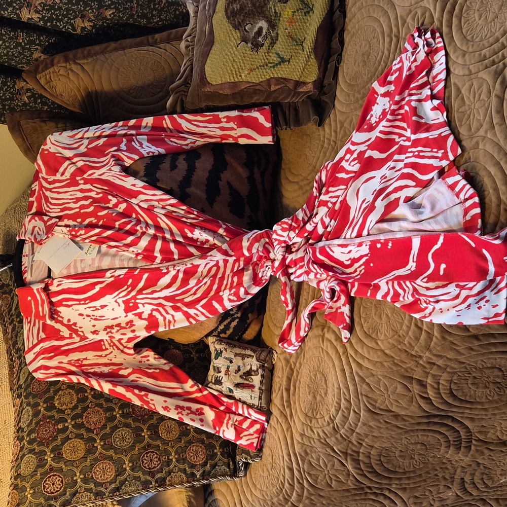 Diane Von Furstenberg Red and White Silk Printed Wrap Dress